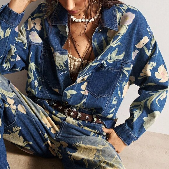 Blue Casual Women's Boho Music Festival Washed Print Denim Jacket - Picture 5 of 9